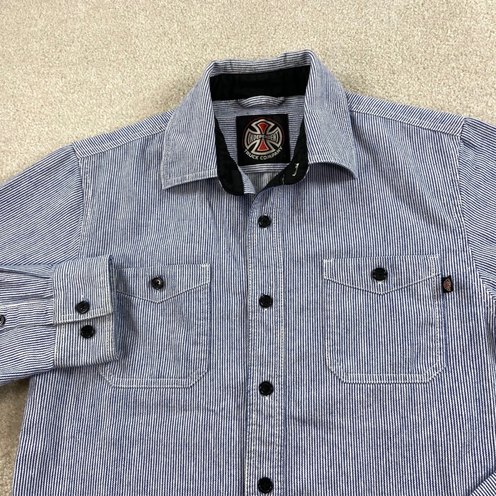 Independent Truck Company Shirt Mens Small Blue White Hickory Stripe Long Sleeve